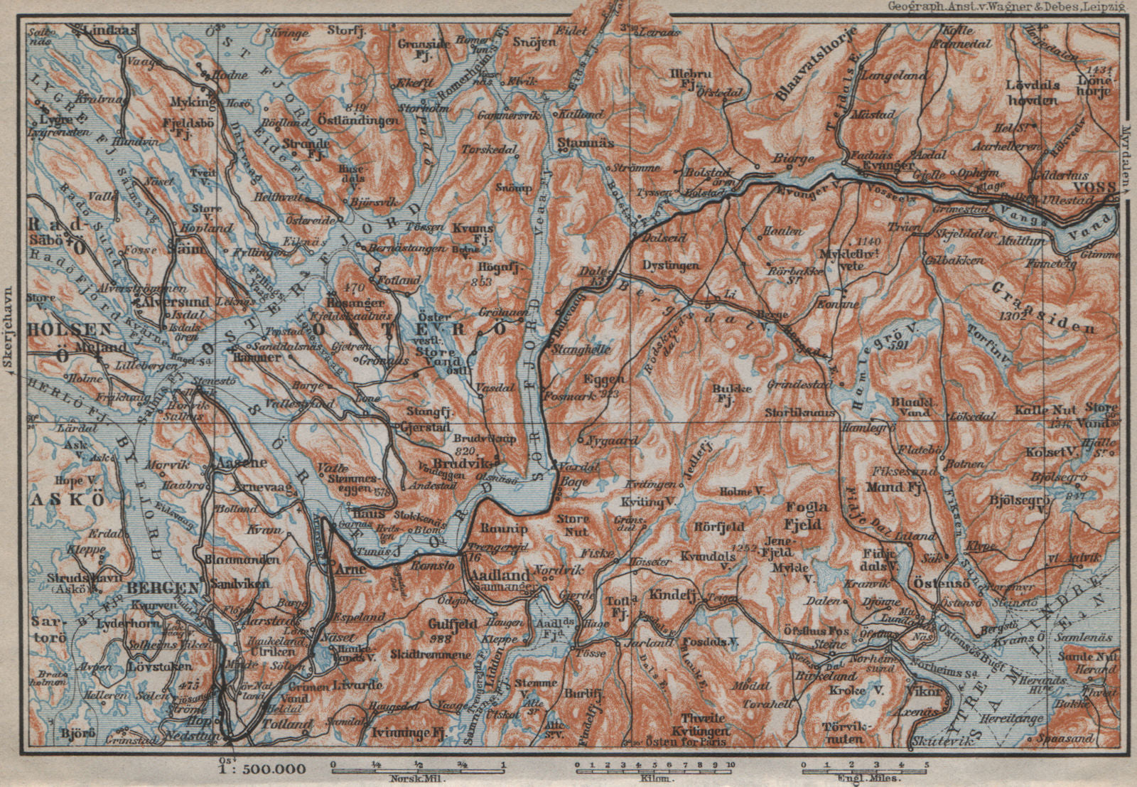 BERGEN-VOSSVANGEN.Sørfjorden. Topo-map. Norway kart. BAEDEKER 1912 old